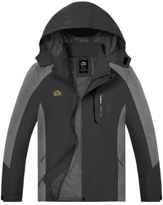 TEZO Mens Rain Jacket Waterproof with Hooded Hiking Coat Lightweight Windbreaker(BK/GY L)