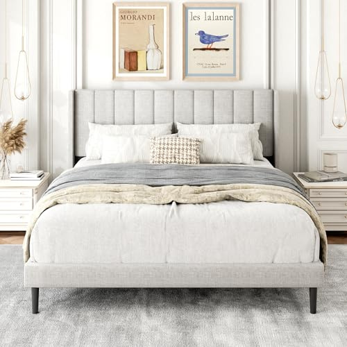 Gruwans Queen Size Bed Frame with Upholstered Wingback Headboard, Easy Assemnly Platform Bed, Wooden Slat Support No Box Spring Needed, Sand