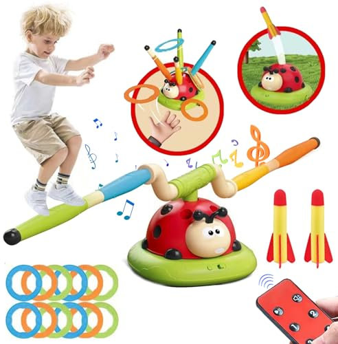 3 In 1 Ladybug Musical Jump, Ring Toss Game, Rocket Launcher for Kids Outdoor Games, Garden Toys with Remote Control for Kids 1-5, Toddler Garden Games Gifts for Kid Boys Girls
