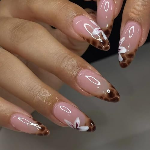 Pink French Tip Press on Nails Medium Almond Shape False Nails with Leopard Orchid Designs Acrylic Glossy Floral Full Cover Removable Stick on Nails Manicure Kits for Women Girls 24Pcs