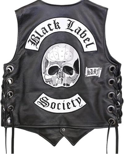 MERCH ATTIRE Chaleco de motociclista de cuero negro con calavera negra para hombre, parche bordado de banda famosa