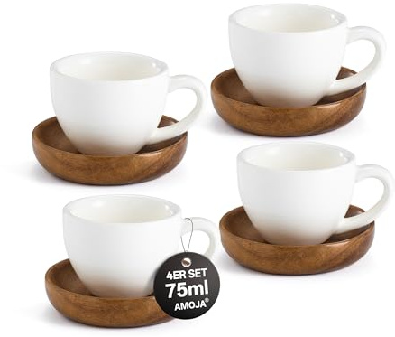 AMOJA 4er Set Espressotassen mit Untertassen – Weiß, 75ml Dickwandige Keramik-Espressotassen Set, Lang Warm Haltend, Stapelbares Design & Spülmaschinenfest