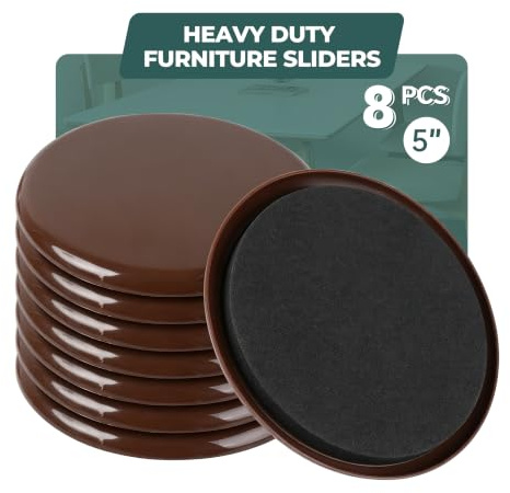 Round Furniture Sliders 8pcs 5 inch, Heavy-Duty Reusable Movers Sliders for Hardwood Floors & Carpet, Chair Sliders, Furniture Moving Sliders to Protect Floors and Move Furniture Easily(Brown)