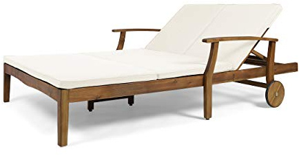 Great Deal Furniture Samantha Double Chaise Lounge for Yard and Patio, Acacia Wood Frame, Teak Finish with Cream Cushions, (307569)