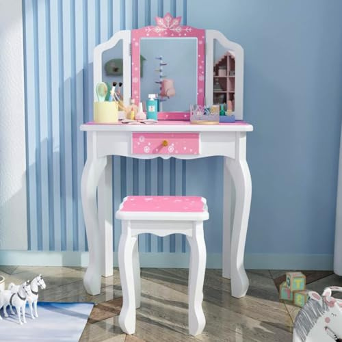 JOYMOR Kids Vanity Set, Wooden Princess Makeup Table with Stool, Tri-Folding Mirror, Large Drawer, Solid Wooden Legs, Beauty Make Up Dressing Set for Girls Best Gift (Pink)