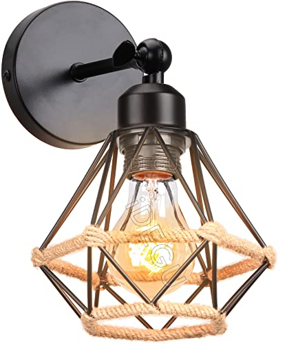 iDEGU Lámpara de Pared Vintage Industrial 16CM Aplique Pared Interior Diseño Jaula en Metal con Cuerda de Cáñamo Ajustable Lámpara de Techo Iluminación de Pared para Dormitorio Pasillo Cocina Salon