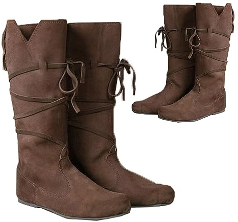 Bottes en Cuir PU - Bottes Chevaliers Mid Tube à Talon Bas - Renaissance Medieval Cosplay Boots pour Cosplay Carnival Party,Marron,44