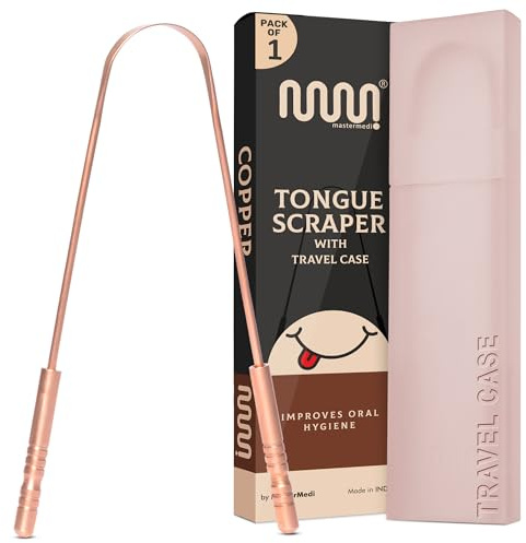 MasterMedi Pure Copper Tongue Scraper for Adults, Tongue Scrubber for Bad Breath, Easy to Use, Tongue Cleaner for Oral Care & Hygiene (Copper Pack of 1 With Case)