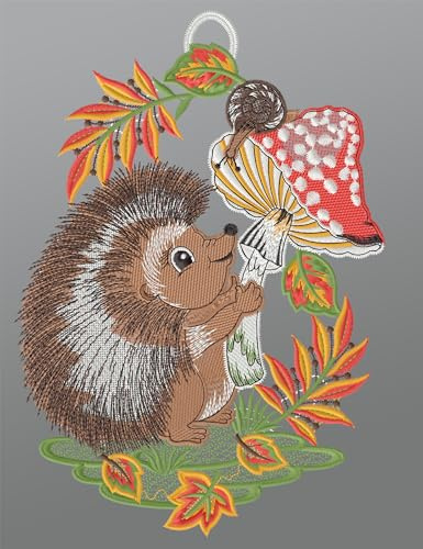 Plauener Spitze Fensterbild Igel mit Fliegenpilz (BxH) 16cm x 28cm, Mehrfarbig, Fensterdekoration und Fensterschmuck