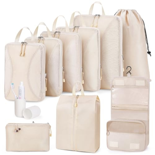 Compression Packing Cubes 10-Piece Set | Suitcase Organiser Bags for Travel Accessories | Luggage Organisers for Holiday, Flight & Cruise Essentials, Beige