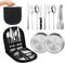 Camping Geschirr Set 2 Personen, Campinggeschirr 2 Personen, Edelstahl Camping Besteckset für Camping, Picknick, Tragbar und Langlebig