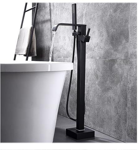 WYJRO Negro,Monomando Grifo De Pie para Bañera Exenta,Cascada Suelo Bañera Exenta Grifo,Latón Caliente Y Fría Grifo Bañera De Pie
