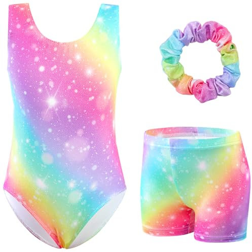 XiaoMoSha Girls Three-Piece Gymnastics Set Sleeveless Girls Leotards with Shorts and Hairband Glitter Multi Gradient Color Dance Ballet Unitards Gymnastics Outfits, Rainbow, 7-8 Years