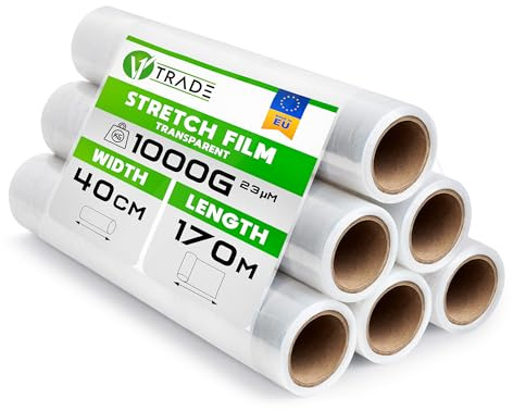 V1 TRADE stretchfolie – 6 stretchfolierullar 40 cm x 170 m – transparent | Transparent stretchfolie för att skydda kartonger, pallar och möbler under transport och flyttning.