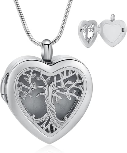 VCCWYQK Heart Shaped Urn Necklace for Ashes Memorial Picture Lockets for Ashes Stainless Steel Cremation Keepsake to Holds Picture/Ashe/Hair et (Tree-Silver)