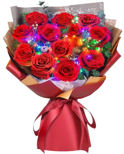 ADDWel Leuchtender Ewiger Rosenstrauß (12 Echte Rosen mit LED) - Romantischer Liebesbeweis & Deko - Geschenk für Frauen, Freundin & Mama zu Weihnachten, Geburtstag & Hochzeitstag
