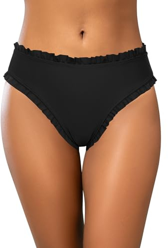 SHEKINI Bikini da donna a vita alta con orlo arricciato, dettagli sexy, elegante, per spiaggia, piscina e sport acquatici, Nero , XL