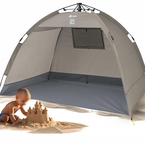 EXPLORER Automatik Strandmuschel mit UV Schutz 80+ [190x100x110cm] kleines Packmaß leicht und schnell in Sekunden aufgebautes Strandzelt Sonnenschutz Muschel automatisch Windschutz grau-Sand