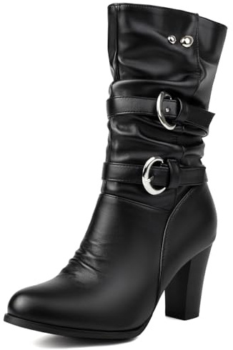 Galindopia Pleated Botas Slouch Ankle High Block Heel Dressy Motorcycle Botines Heels Hebilla Belt Remaches Chain Botas Combate Plus Black Size 38