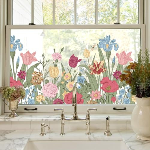 ADD.HERES Stained Glass Window Film Window Sticker Summer Window Clings UV Blocking Static Cling for Home Kitchen Door Bathroom,Rhythm of flowers 44x200cm