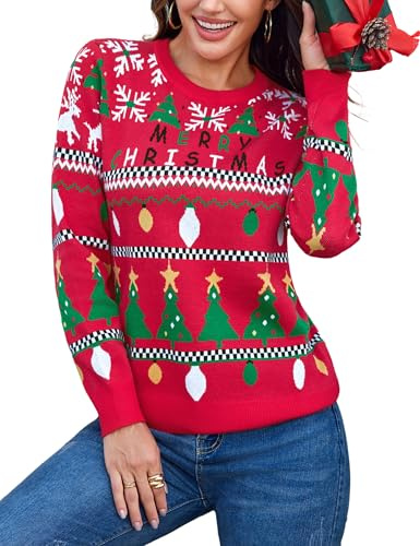 Totatuit Pull de Noël Femme Manches Longues Col Rond Pull Moche de Noël Doux Chaud Hiver Christmas Sweater Original Rouge，L