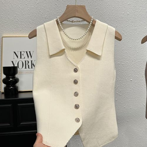 Gilet lavorato a maglia, gilet da donna con scollo a V, gilet senza maniche stile retrò con scollo a V e bottoni in metallo a strati (taglia unica bianco)