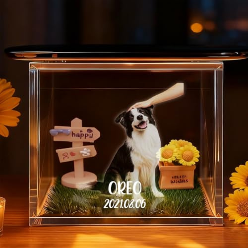 Boîte Commémorative Holographique Personnalisée pour Animaux de Compagnie, 3D Projection Holographique Souvenir Personnalisé avec Photo et Texte pour Chien Décédé, Cadeau Commémoratif pour la perte de