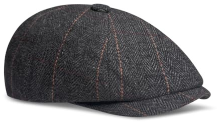 BuyBestify Unisex 8 Panel Tweed Flat Cap - Adjustable Herringbone Newsboy Beret, Vintage Peaky Baker Boy Hat for Men Women, Gatsby Ivy Cabbie Cap for Daily Driving Golf - Black