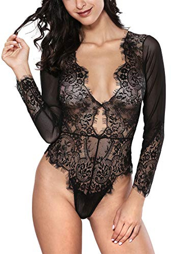 LOVE YOU SEXY Lingerie in pizzo da donna,Body a maniche lunghe,a V profondo,trasparente in mesh,nero,M