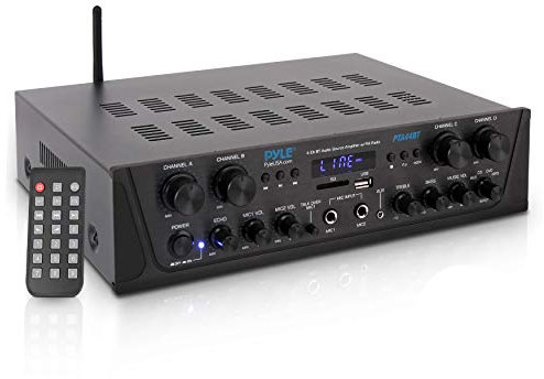 Pyle PTA44BT - Amplificatore Bluetooth wireless per karaoke, 4 canali, audio stereo Home Theater, ricevitore di potenza audio con ingresso AUX, FM, altoparlanti subwoofer RCA, USB, microfono IN w/Echo