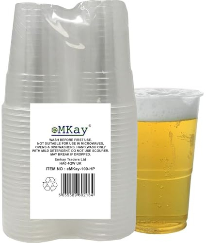 eMKay® Pack of 100 Strong Plastic Half Pint Glasses Disposable Reusable Beer Cups Great for Party's and All Types of Events and Celebrations 330ml…