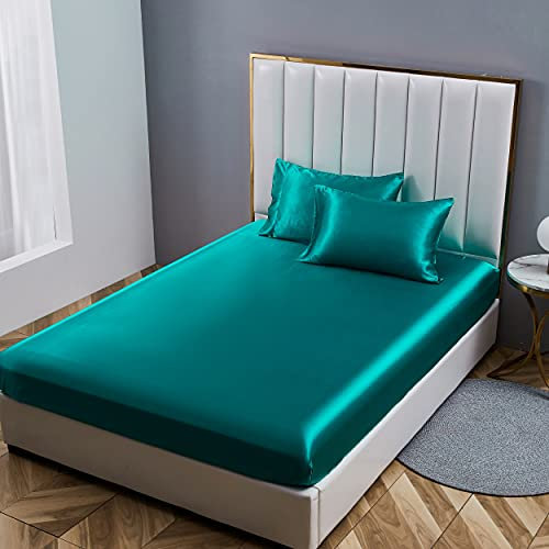 Damier Spannbettlaken 140x200cm Türkis Satin Seide Glänzend Bettlaken Hochwertiges Deluxe Unifarben Spannbetttuch, geeignet für Matratzen bis 25cm, 140 x 200 x 30 cm