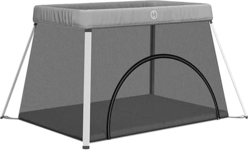 vidaXL Parque Infantil para Bebés con Colchón, Cuna Plegable 2 en 1 con Puerta, Corralito para Niños 18 Meses - 3 Años, Tela Lino Gris Claro