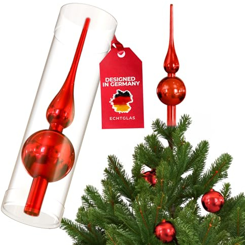 SantaTime Weihnachtsbaumspitze Echtglas glänzend 28cm - Extra Festliche Christbaumspitze aus Glas inkl. Aufbewahrungsbox - Perfekte Tannenbaumspitze (Rot glänzend)