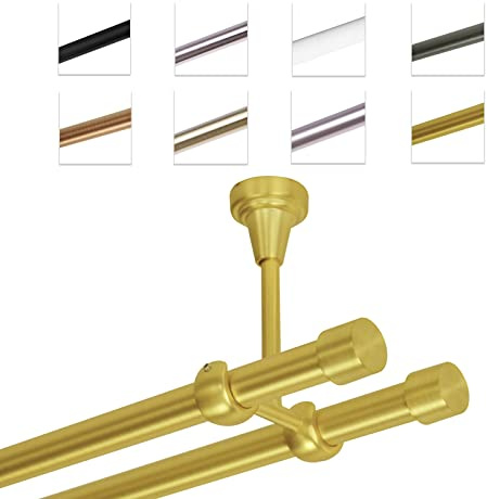 MDEKOR Gardinenstange 600 cm 2-läufig | Vorhangstange für die Deckenmontage Messing Gold aus Metall | Gardinenstangenset Ø 19mm