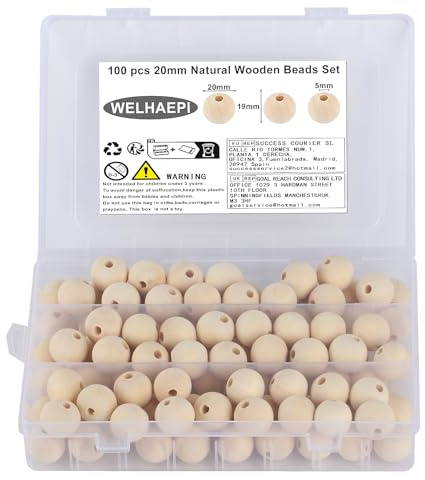 100 Pezzi Perle Rotonde in Legno, Perline Legno Naturale, Palline diLegno con Foro per Decorazioni Artigianali Fai-da-Te - 20mm
