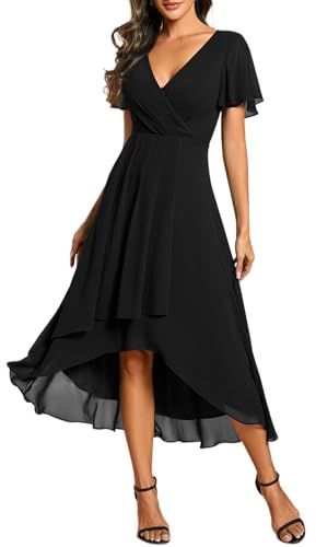 Ever-Pretty Vestidos de Invitada de Boda Elegantes Vestidos de Noche de Gasa Mujer Midi Cortos Vestidos de Novia Negro 44
