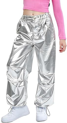 LOLANTA Kids Shiny Metallic Dance Trousers Retro Hip Hop Dance Outfit Loose Fit Cargo Pants Elastic Waist Streetwear, Silver, 6-7 Years, 130