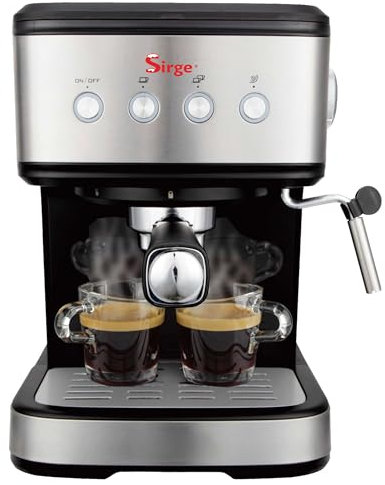 Sirge LUSSY - Cafetera Máquina para Café Expreso, Capuchino y Bebidas Calientes, Utiliza Café en Polvo y/o Monodosis. Potencia 1100 W. Bomba Italiana de 15 Bar con 3 Filtros Incluidos