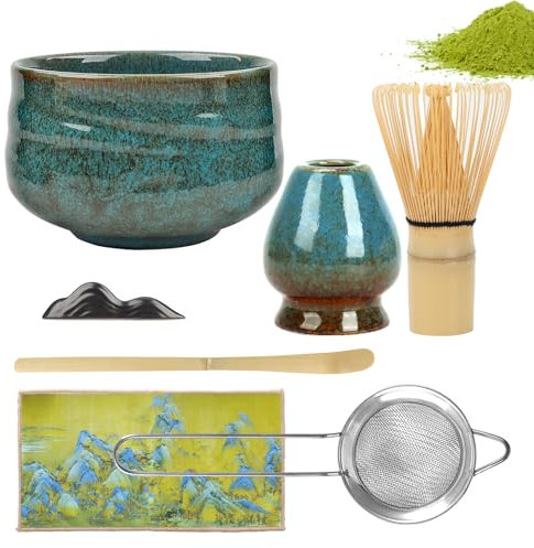 Hebaogugu Matcha Tee Set, 7-Teiliges Japanisches Matcha Zubehör mit Matcha Schale, Matcha Besen, Matcha Sieb, Löffel, Besenhalter, Matcha Geschenke für Matcha Einsteiger & Liebhaber(Blau)