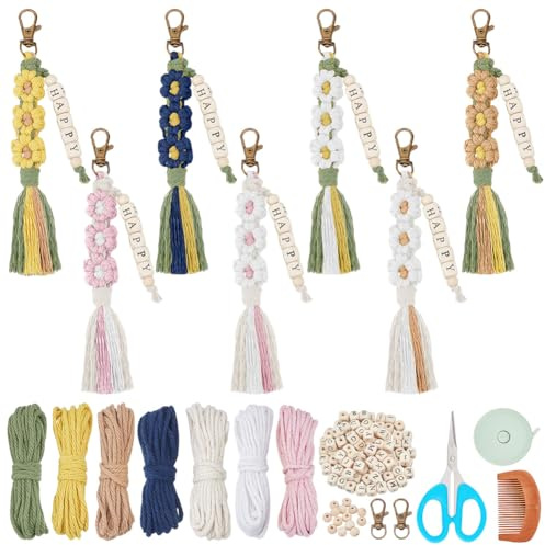 PLIGREAT 7 Sets DIY Macrame Keychain Kit Macrame Daisy Flower Keychain Handcraft Keychain Making Kit for Adult Beginner DIY Wood Beaded Letter Keychain for Car Key Backpacks with Instruction