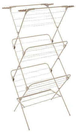 Tower 3 Tier Concertina Clothes Airer, Foldable Indoor & Outdoor Laundry Drying Rack with 26 Rods, 4 Hanger Hooks & Shoe Rack, 19m Drying Space, Easy Close Collapsible Design, Latte