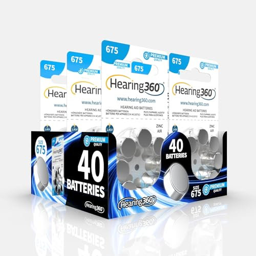 Hearing360 40 batterie per apparecchi acustici misura 675 qualità premium, durata extra, compatibili con tutti i modelli, senza mercurio (5 blister da 8 pile)