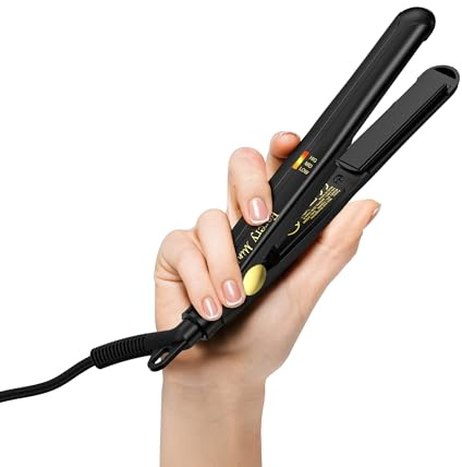 Farery Mini Hair Straightener for Short Hair, Tourmaline Ceramic Compact Small Straighteners, Travel Mini Straighteners with Pouch, Auto Shut Off, Dual Voltage with Adjustable Temp, Black