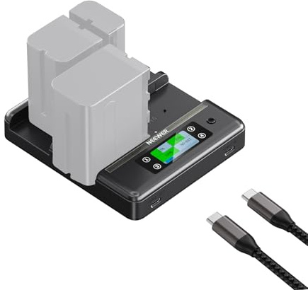 NEEWER NP-F970 4 Channel Charger with Smart Power Consolidation Compatible with Sony NP-F550 750 Camcorder NPF Camera Battery, PD100W Fast Charging/Dual USB C/OLED Display/100W Type C Cable, NW-F4R