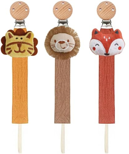 Veroa 3 Pcs 100% Cotton Dummy Clips Cute Animal Shapes Personalised Dummy Clip,Handmade Pacifier Clips Unisex for Boys and Girls