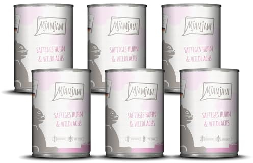 MjAMjAM - nourriture humide premium pour chats - poulet juteux et saumon sauvage, pack de 6 (6 x 400 g), sans céréales avec supplément de viande