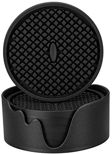 ME.FAN Silicone Coasters [6 Pack] Thickened Drink Coasters with Holder - Cup Mat - Non-Slip, Non-stick, Stay Put, Deep Tray - Prevents Furniture and Tabletop Damages(Black)