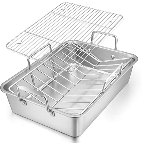 E-far Roasting Pan, 16 x 11.5 Inch Stainless Steel Turkey Roaster with V-shaped & Flat Rack, Non-toxic & Heavy Duty Deep Broiling Pan, Dishwasher Safe - Large