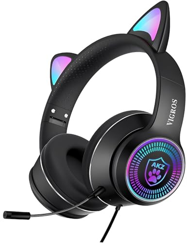 Cat Ear Gaming Headphones Wired AUX 3.5mm with LED Light, VIGROS Flashing Stereo Game Headphones Surround Sound Over-Ear Headsets with Microphone Fit Kids & Adult for PC, PS4, Switch, Mobile, Laptop